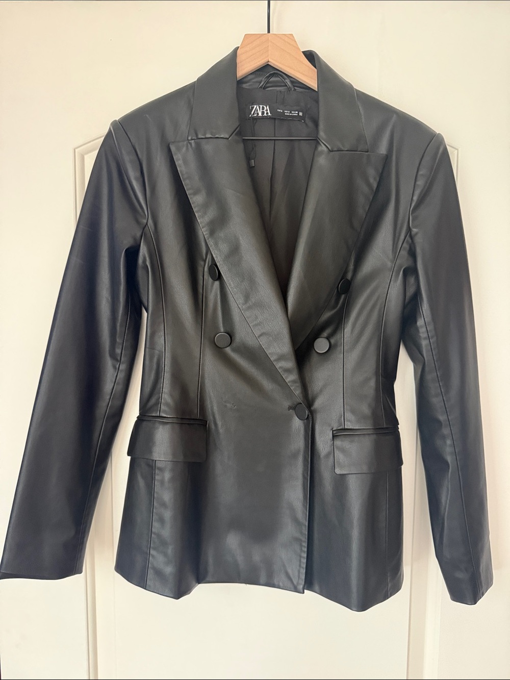 Zara Black Faux Leather Double-Breasted Blazer Jacket